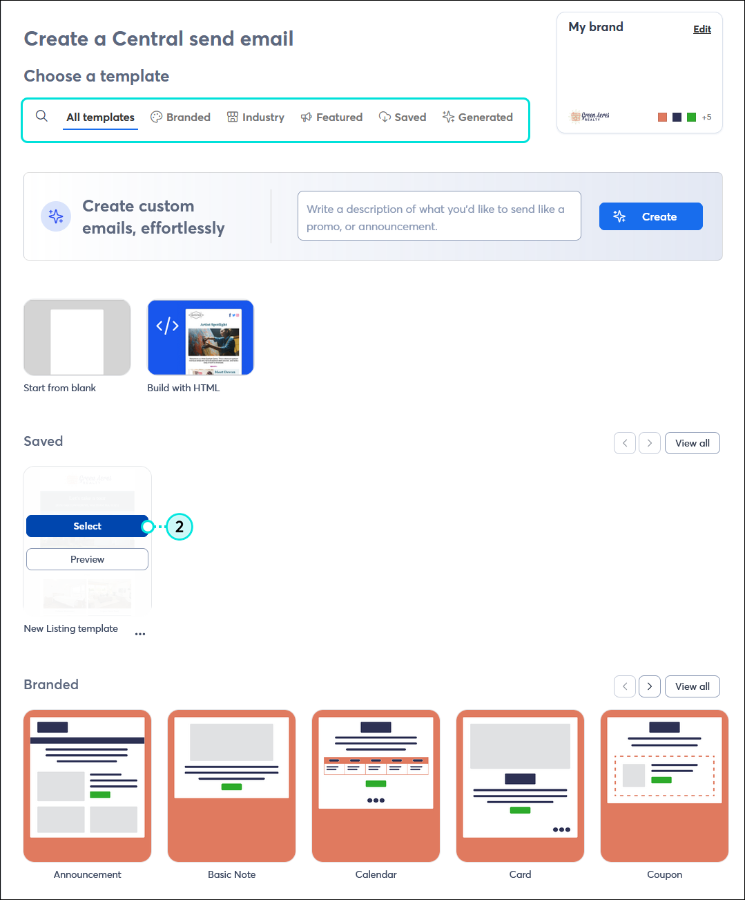 Create a Central send email page with Chose a template options, and template thumbnail with Select button displayed
