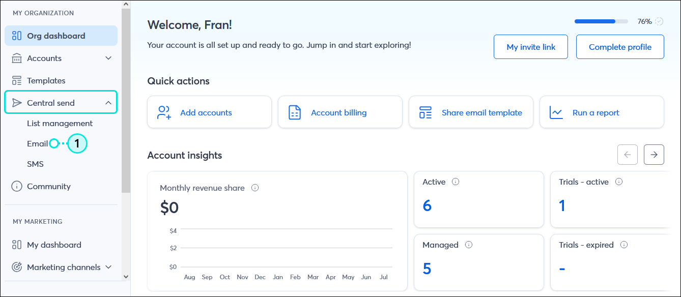 Partner dashboard with MY ORGANIZATION menu and Central send menu expanded with Email option selected