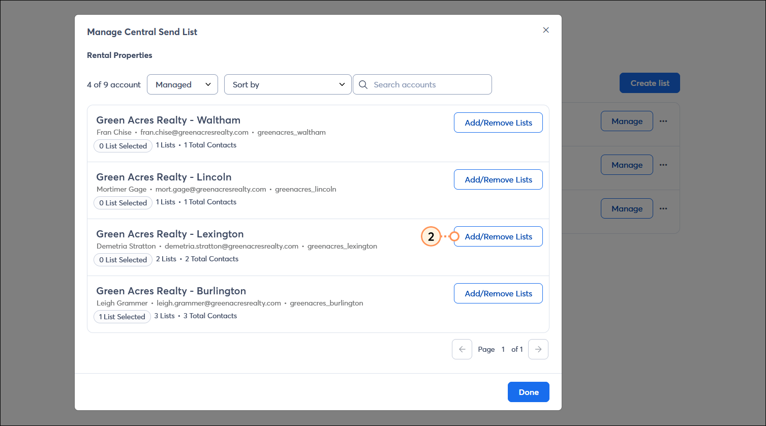 Manage Central Send List overlay with child account options and AddRemove Lists button