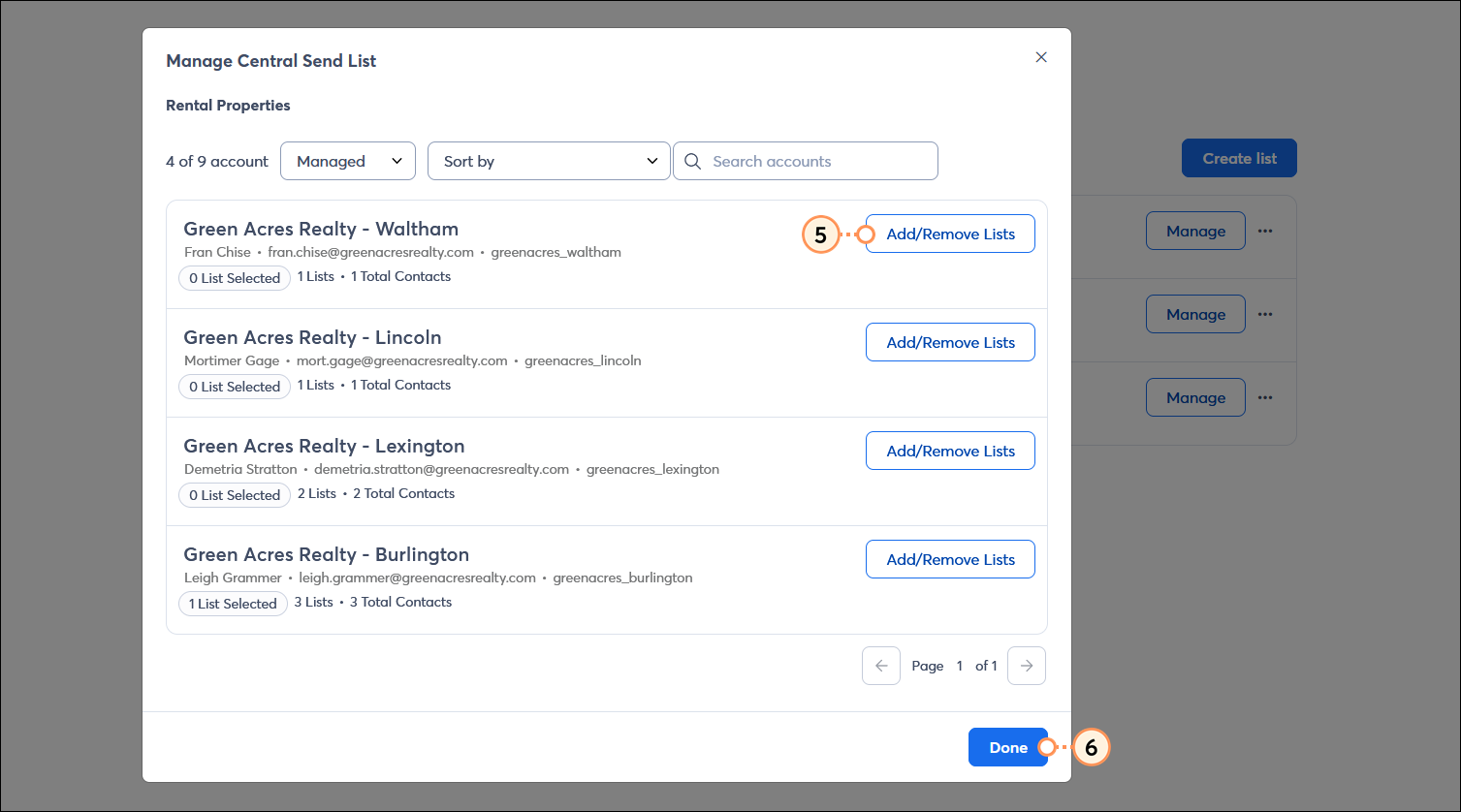 Manage Central Send List overlay with child account options and AddRemove List buttons, and Done button