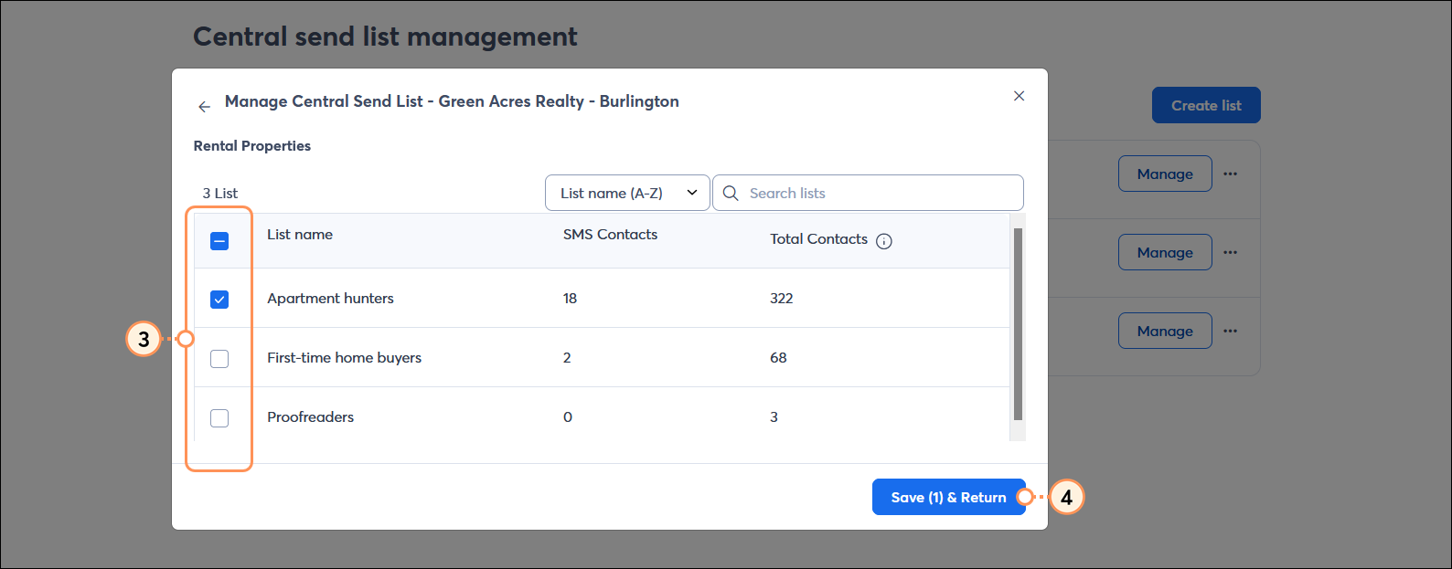 Manage Central Send List - Account Name overlay with list options, and Save & Return button