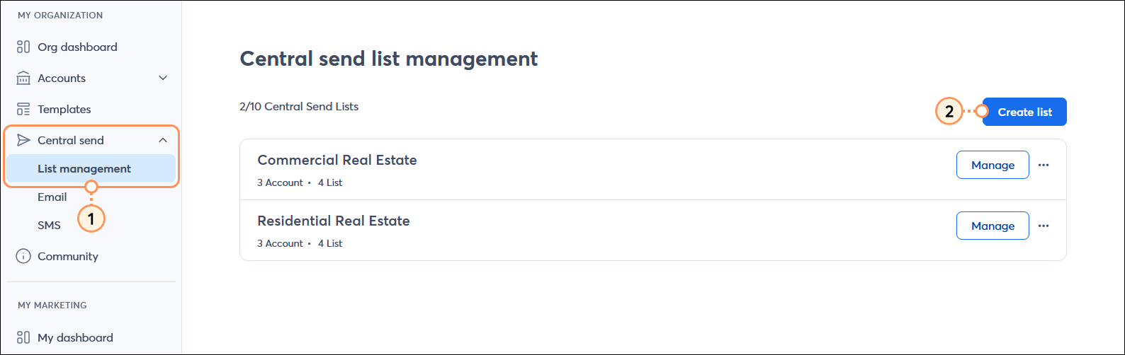 MY ORGANIZATION meny with Central send menu expanded and List management option selected, and Central send list management page with Create list button