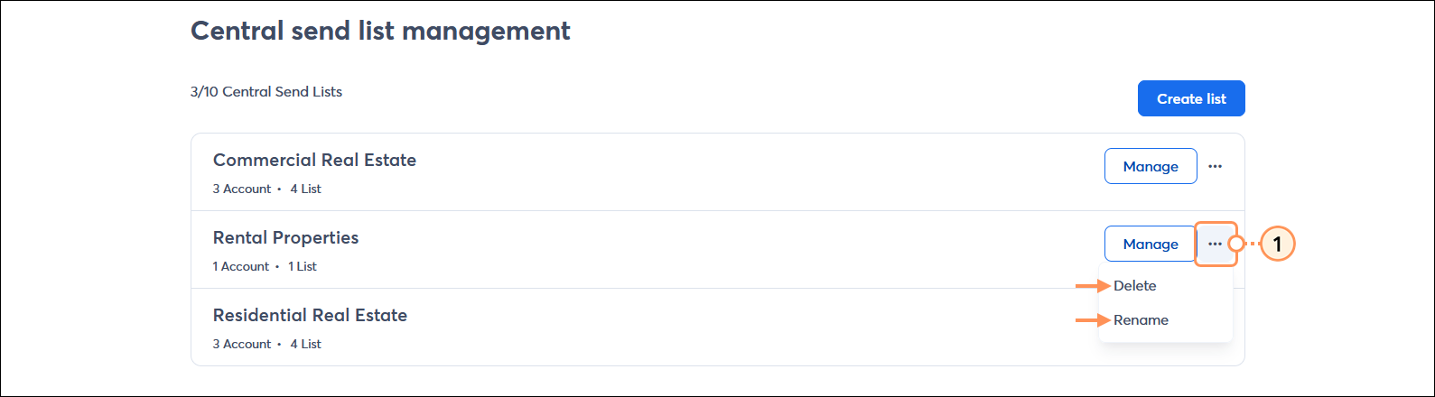 Central send list management page with list preset menu expanded and Delelte and Rename options