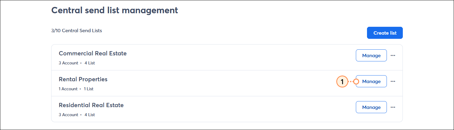 Central send list management page with Central Send list options and Manage button