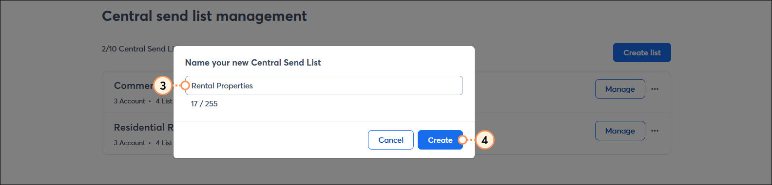 Name your new Central Send List overlay with list name field and Create button