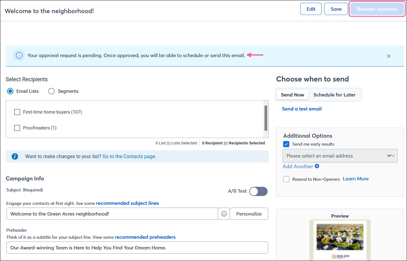 Email Schedule page with Request Approval button and Your approval request is pending message. Email Schedule page with Request Approval button and Your approval request is pending. Once approved you will be able to schedule or send this email. message.