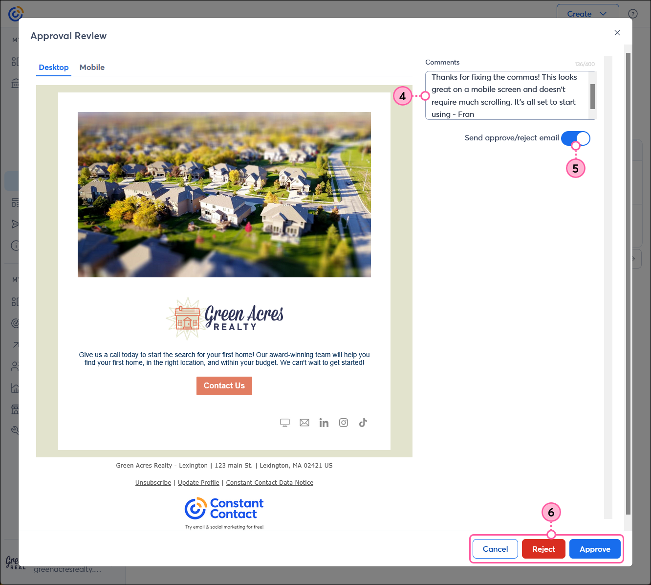 Email Approval Review overlay with Desktop and Mobile options, Send approve/reject email toggle switch, Comments field, and Cancel, Reject, and Approve buttons