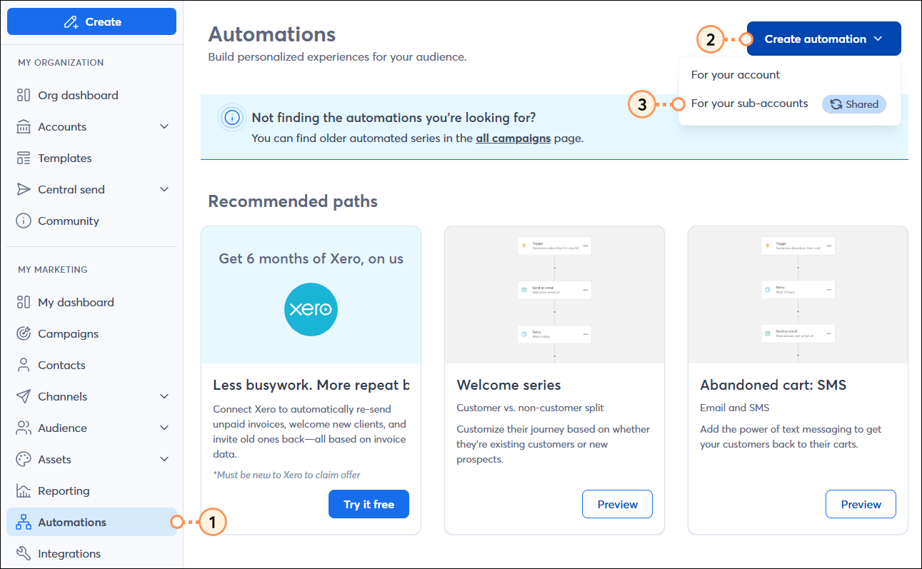 Automations page Create dropdown
