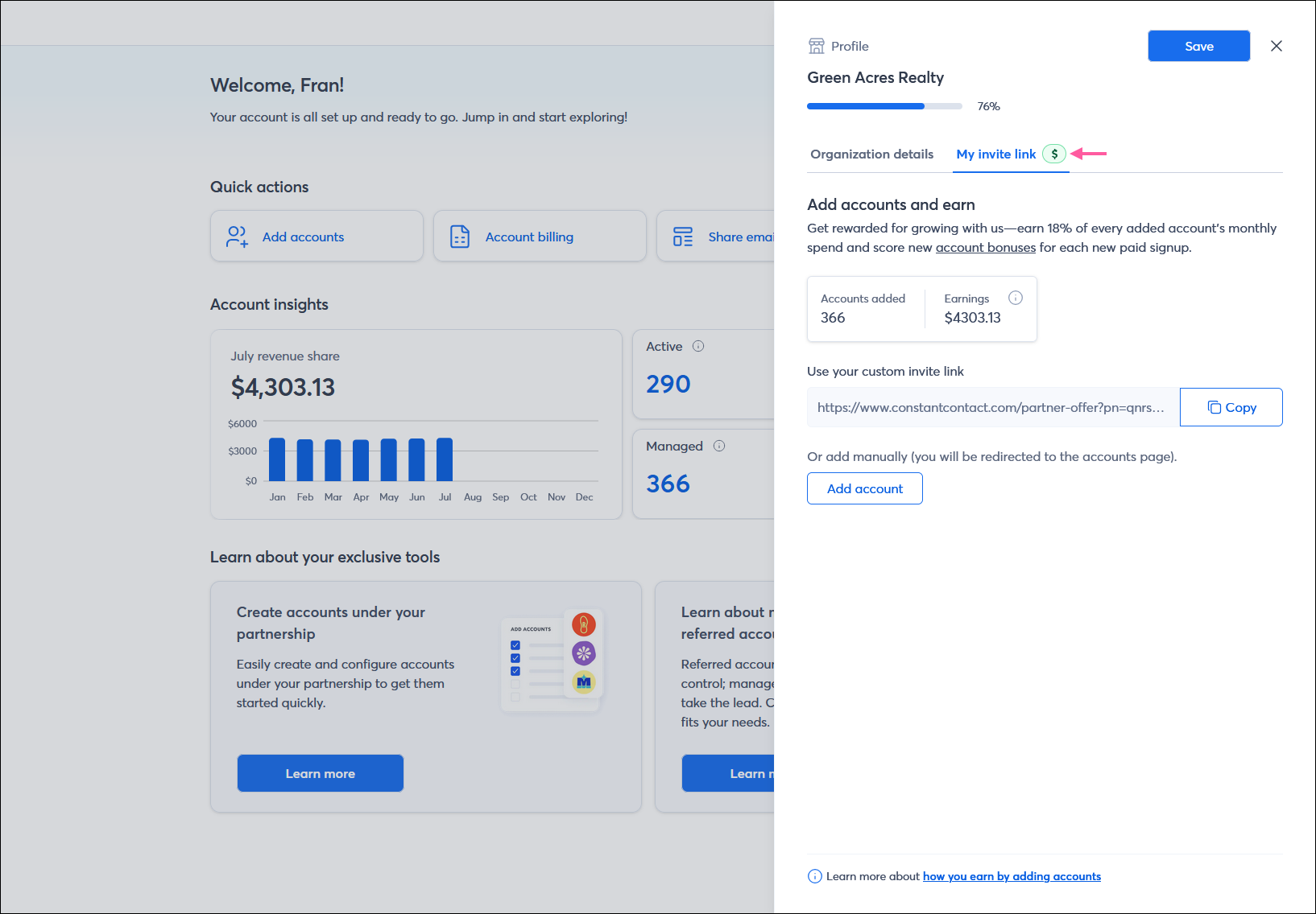 Profile flyout with My invite link tab selected, Add accounts and earn section, and custom invite link with Copy option