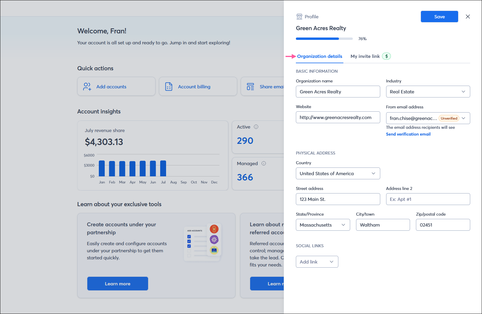 Profile flyout with Organization details tab selected, Basic Information section, Physical Address section, and Social Links section