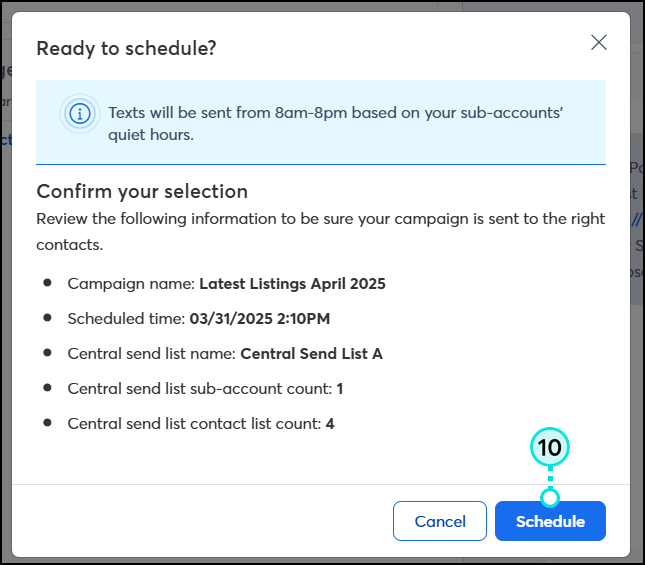 SMS message editor with Create message section and Schedule message section collapsed, and Schedule button