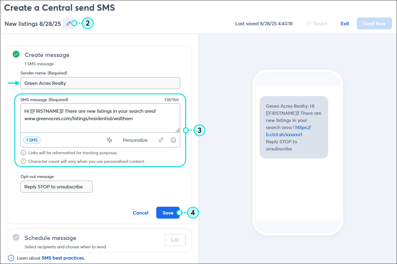 SMS message editor with Campaign name field and edit (pencil) icon, Sender name automatically pre-populated, SMS message field with AI content generator, Personalization drop-down menu, Link shortener, and Emoji menu, and Save button