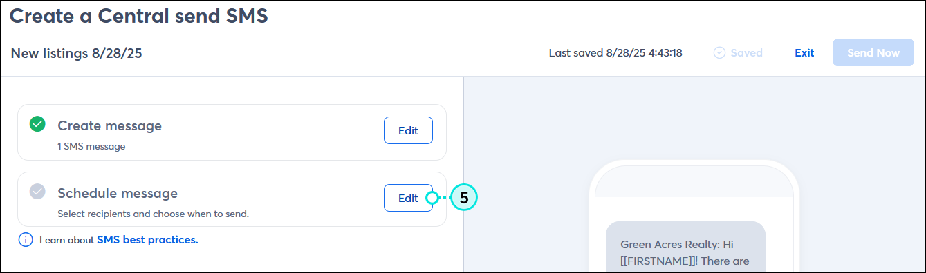 SMS message editor with Create message and Schedule message sections collapsed, and Edit button