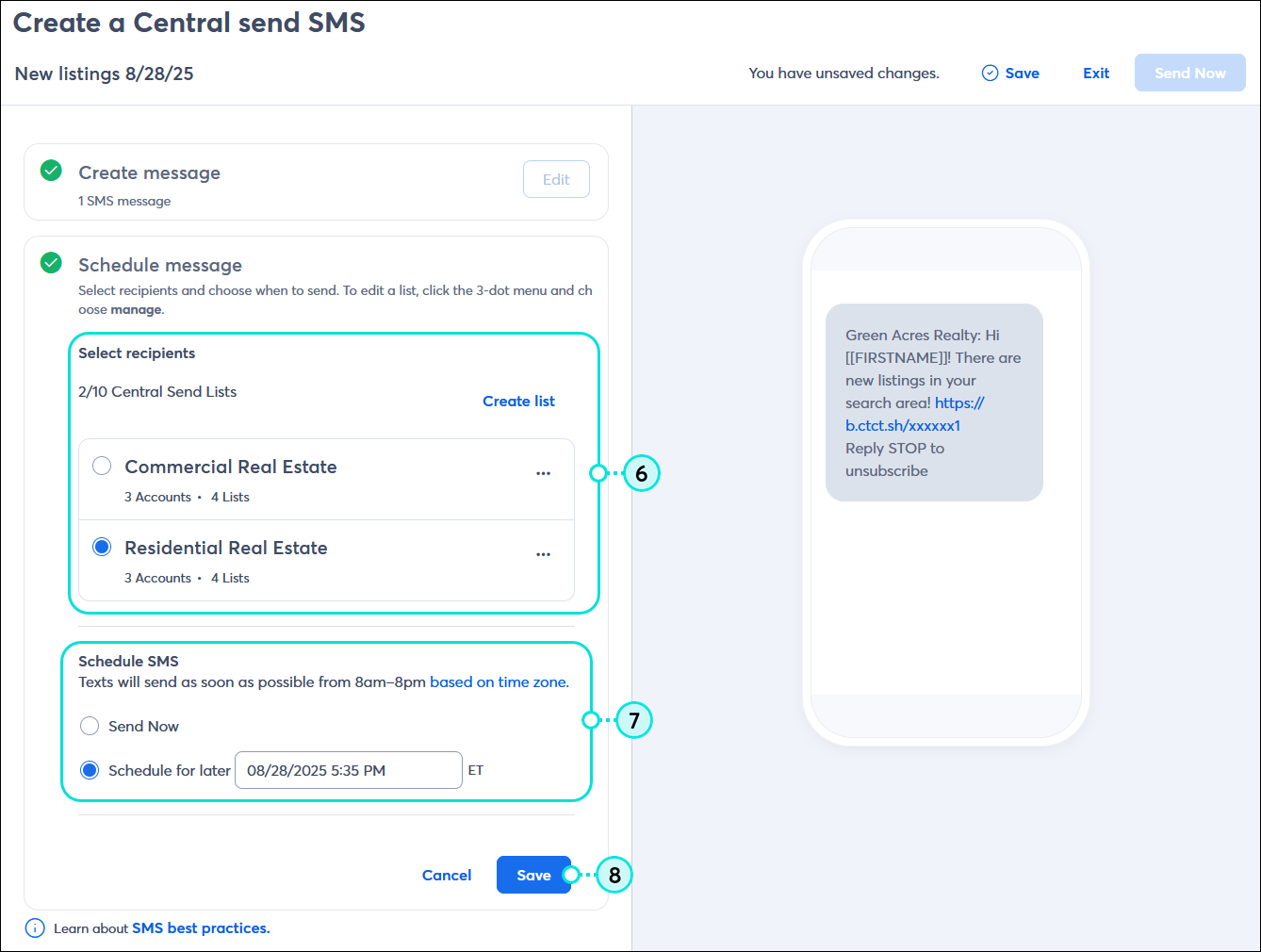 SMS message editor with Create message section collapsed, and Schedule message section with Select recipients section and list options, Schedule SMS section and send options, and Save button