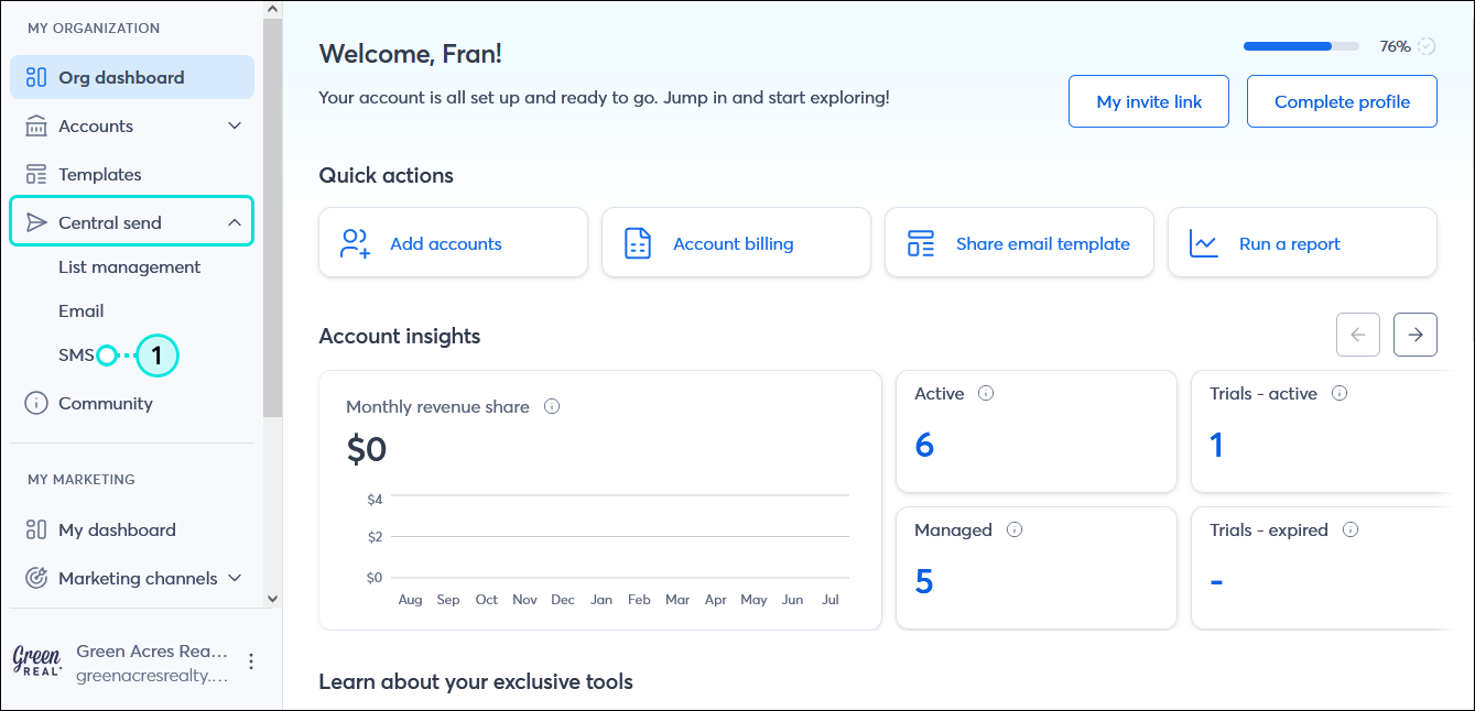 My Organization menu with Central Send menu expanded and SMS option selected