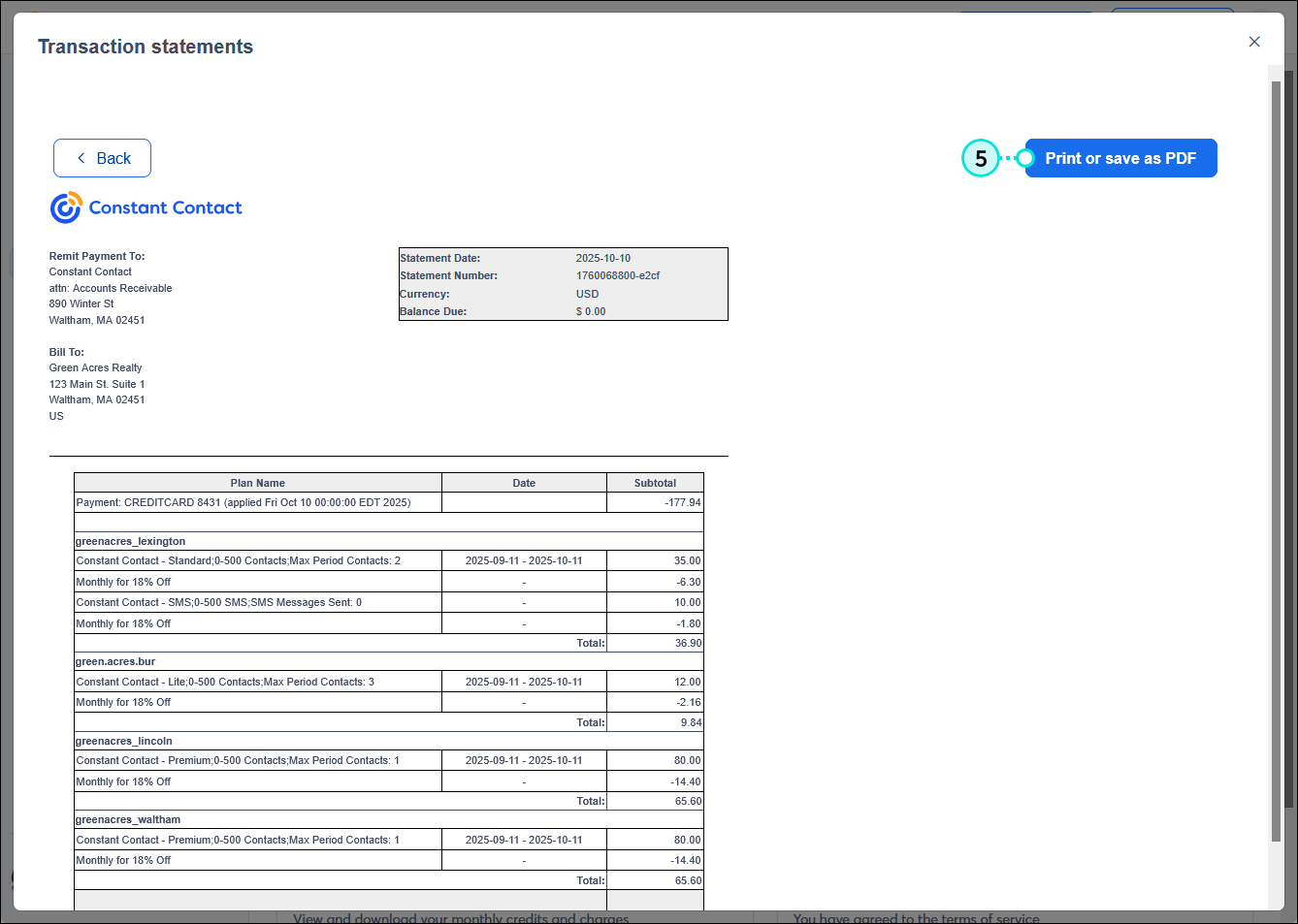 Transaction statements page with sample statement and Print or save as PDF button