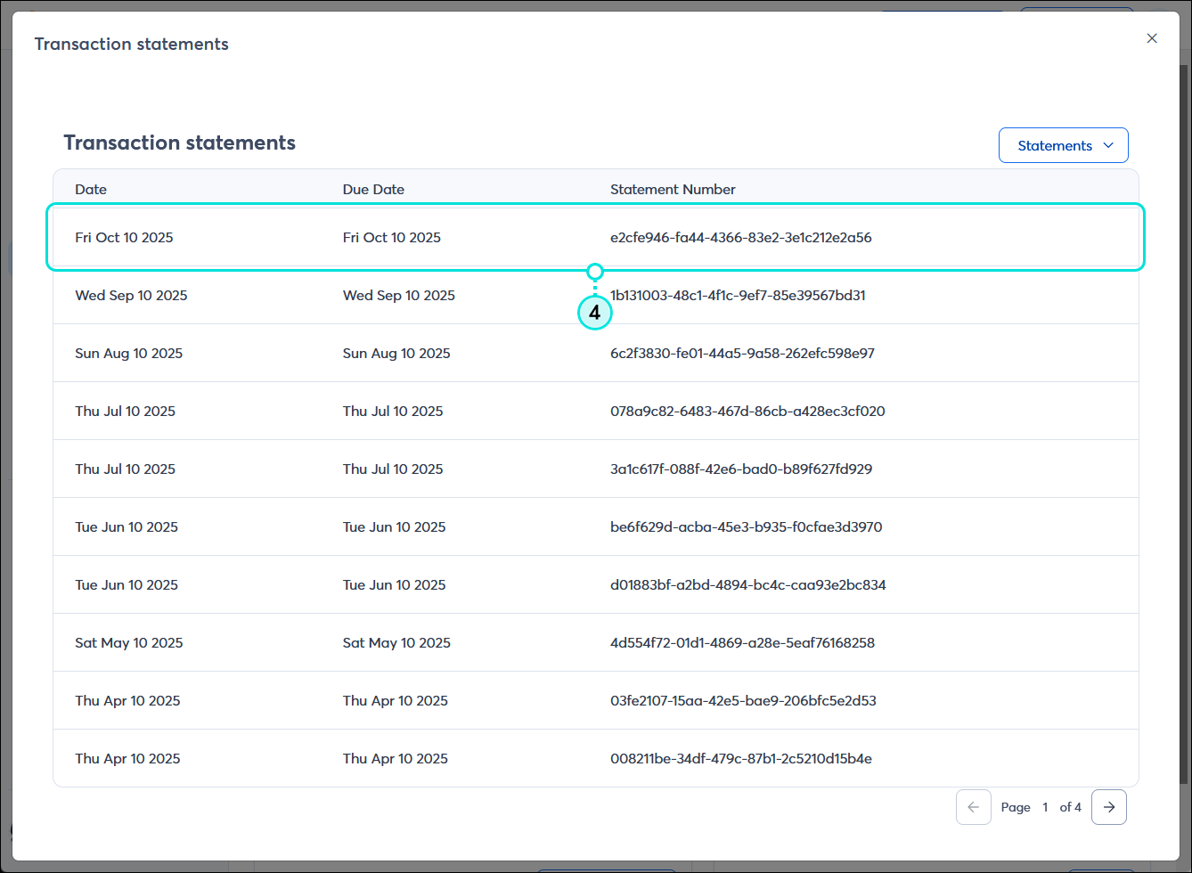 Transaction statements page with statement lists, and statement selected