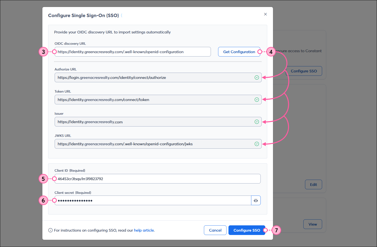 Configure Single Sign-on (SSO) overlay with OIDC discovery URL field and Get Configuration button, and Authorize URL (Required) field, Token URL (Required) field, Issuer (Required) field, JWKS URL (Required) field, Client ID (Required) field, Client secret (Required) field, and Configure SSO button