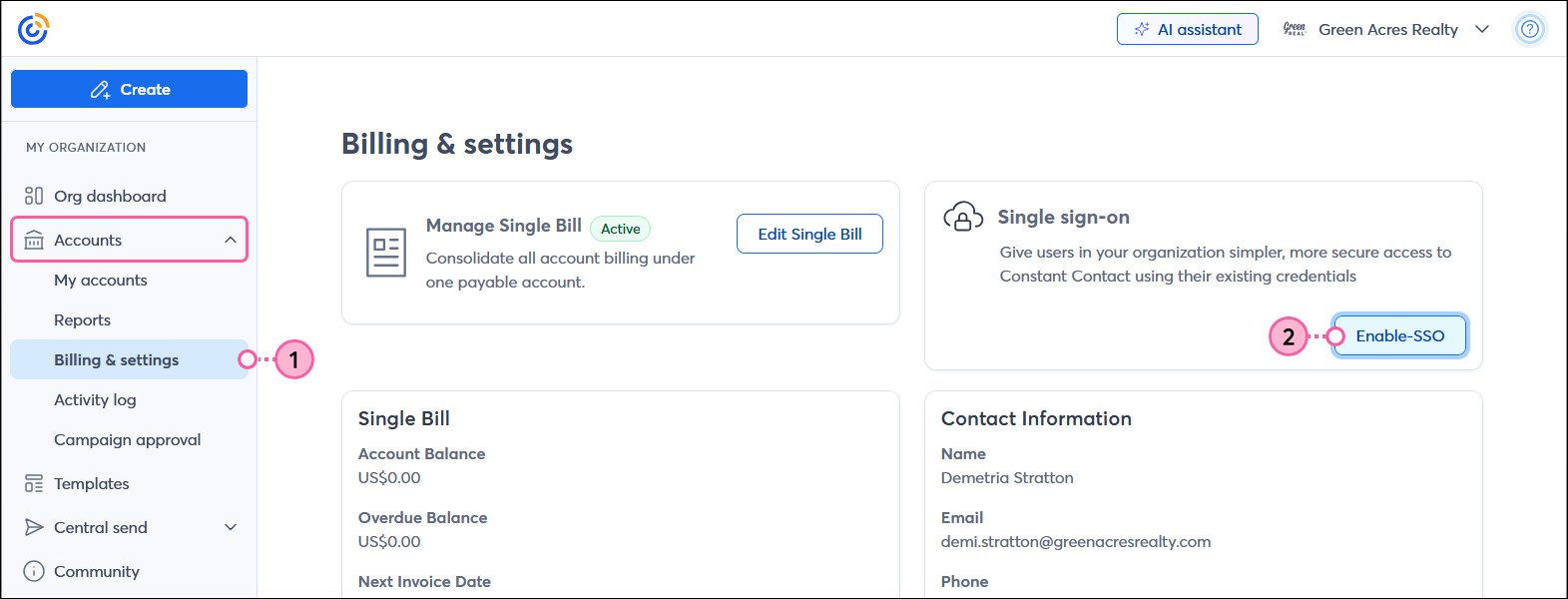 My Organization menu with Accounts menu expanded and Billing and Settings option selected, Billing and settings dashboard with Single sign-on section and Enable SSO button selected