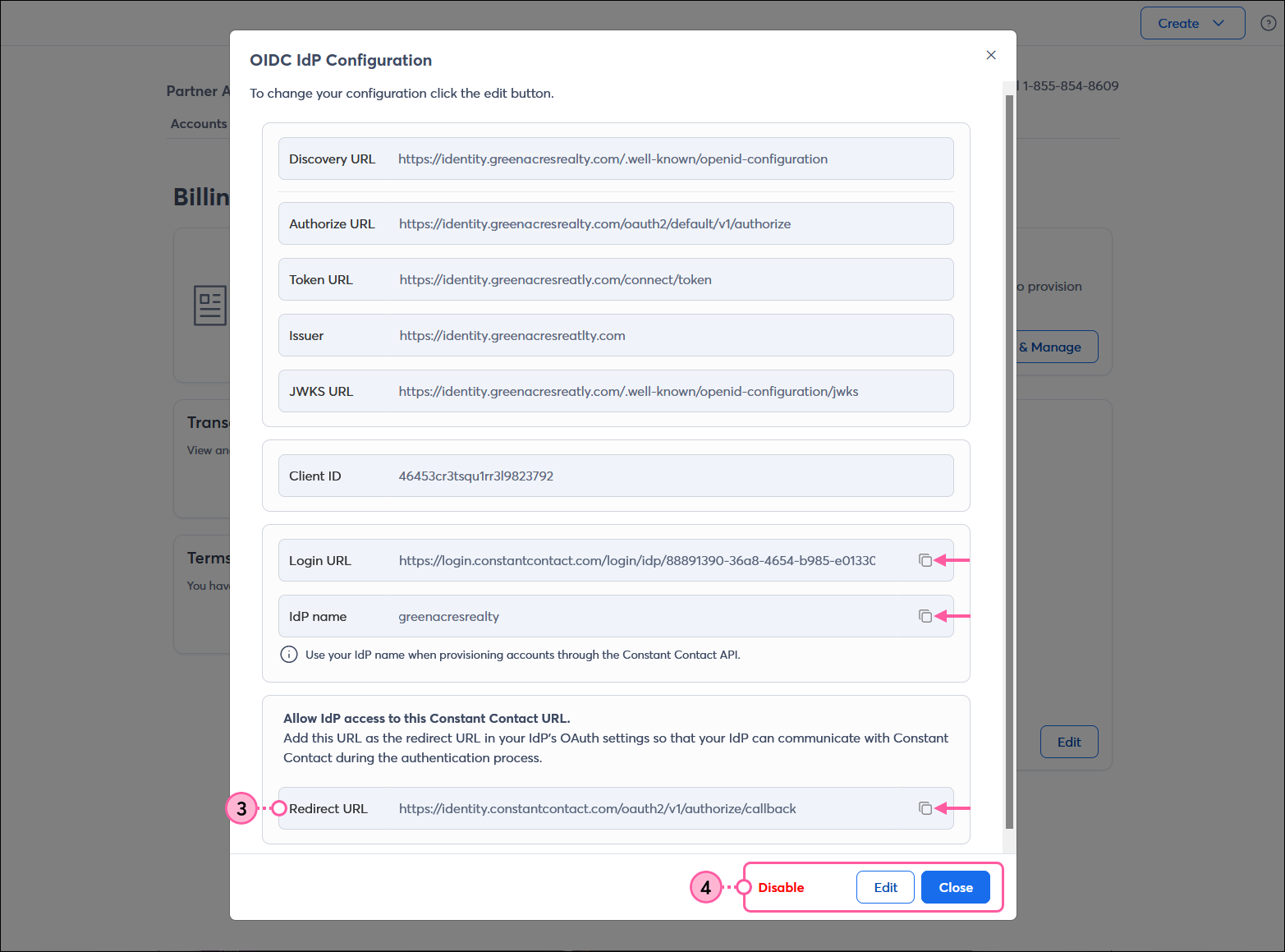 OIDC IdP Configuration overlay with copy icons for Login URL, IdP name, and Redirect URL fields, and Disable link, Edit button, and Close button