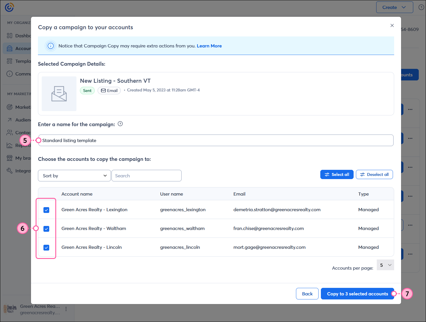 Copy a campaign to your accounts overlay with Selected Campaign Details information, Campaign name field, sub-account options, and Copty to 3 selected accounts button