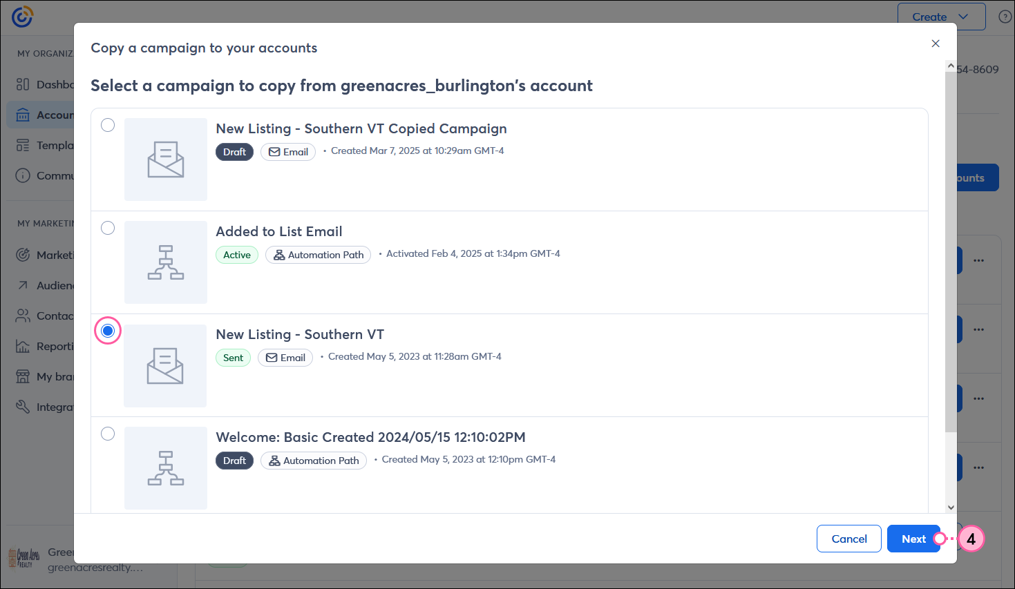 Copy a campaign to your accounts overlay with Email campaign selected and Next button