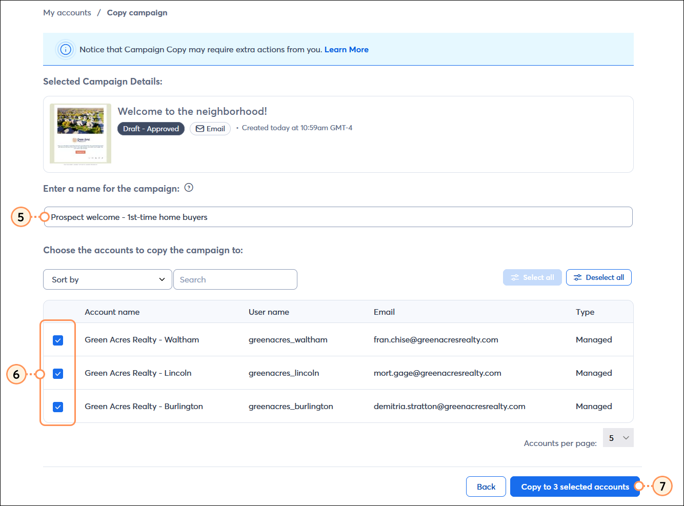 My accounts Copy campaign page with Selected Campaign Details section and campaign thumbnail, Enter a name for the campaign field, Choose the accounts to copy the campaign to options, andCopy to 3 selected accounts button