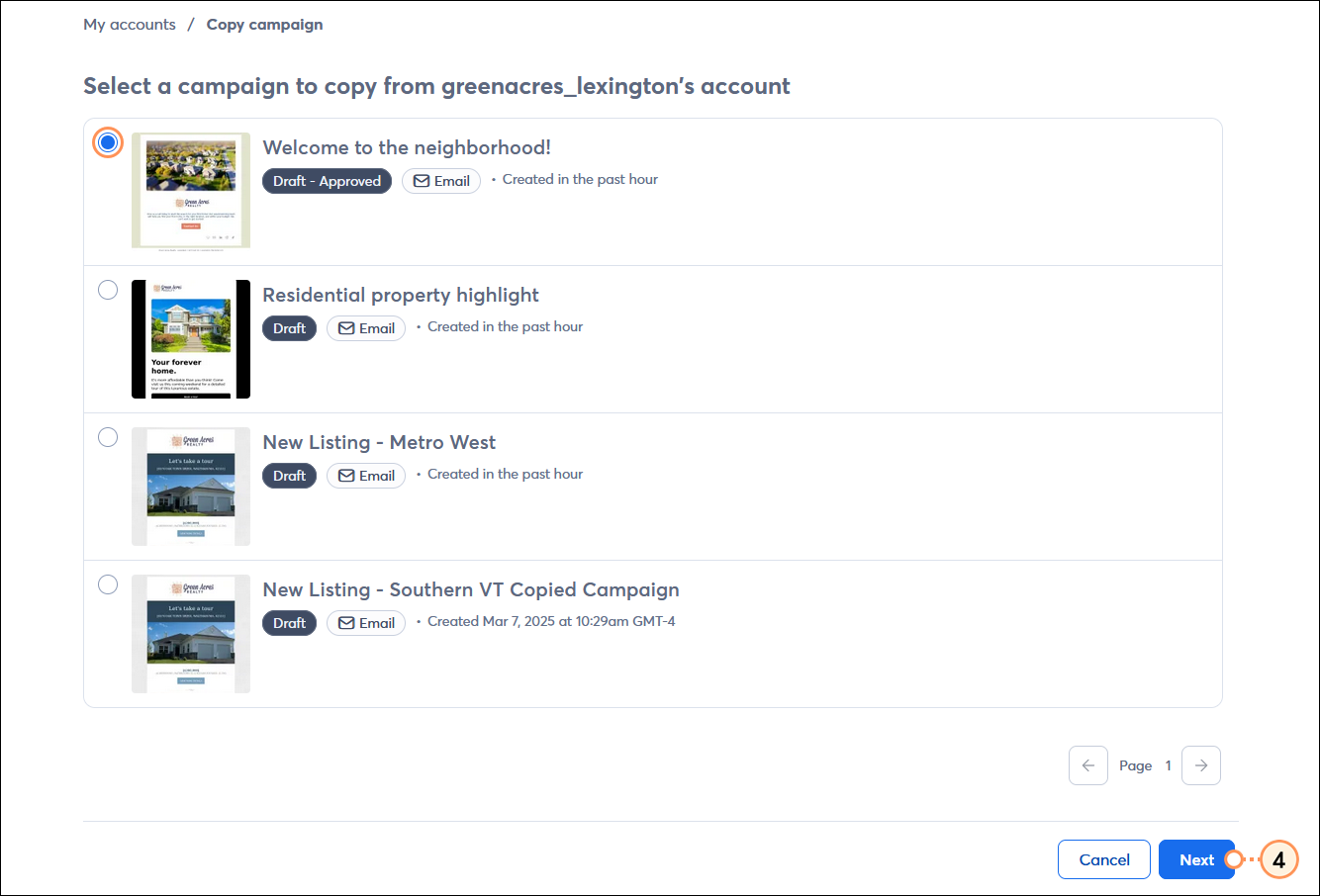 My accounts Copy campaign page with Email campaign selected and Next button
