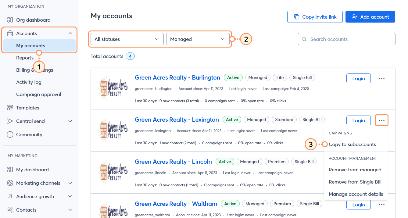 MY ORGANIZATION menu with Accounts menu expanded and My accounts option selected, My accounts page with Status drop-down menu and Account type drop-down menu, sub-account with menu expanded, and Copy to sub-accounts option selected