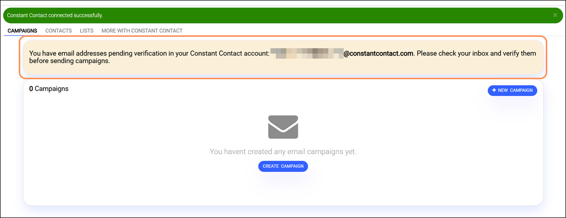 Coldwell Banker Comercial account, Campaigns tab with Constant Contact pending email verification banner