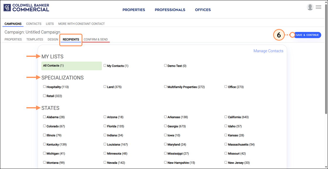 Recipients tab, My Lists section, Specializations section, and State section, and SAVE AND CONTINUE button