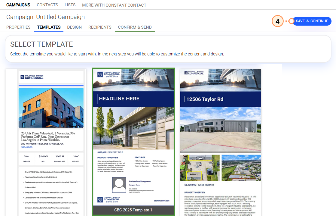 Template selectiong save and continue button
