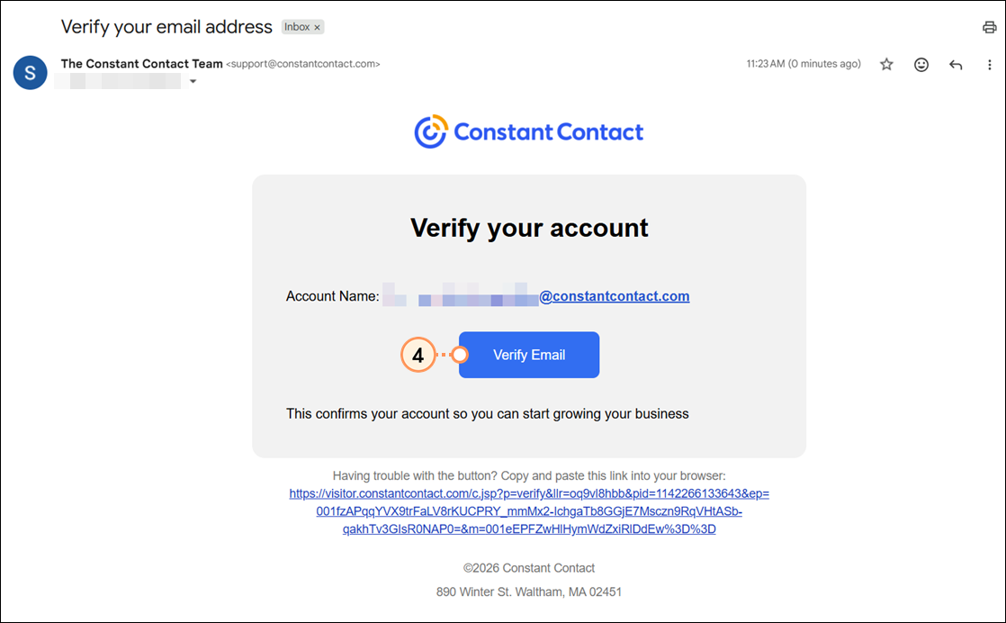Example of Constant Contact email verification email with Verify Email button