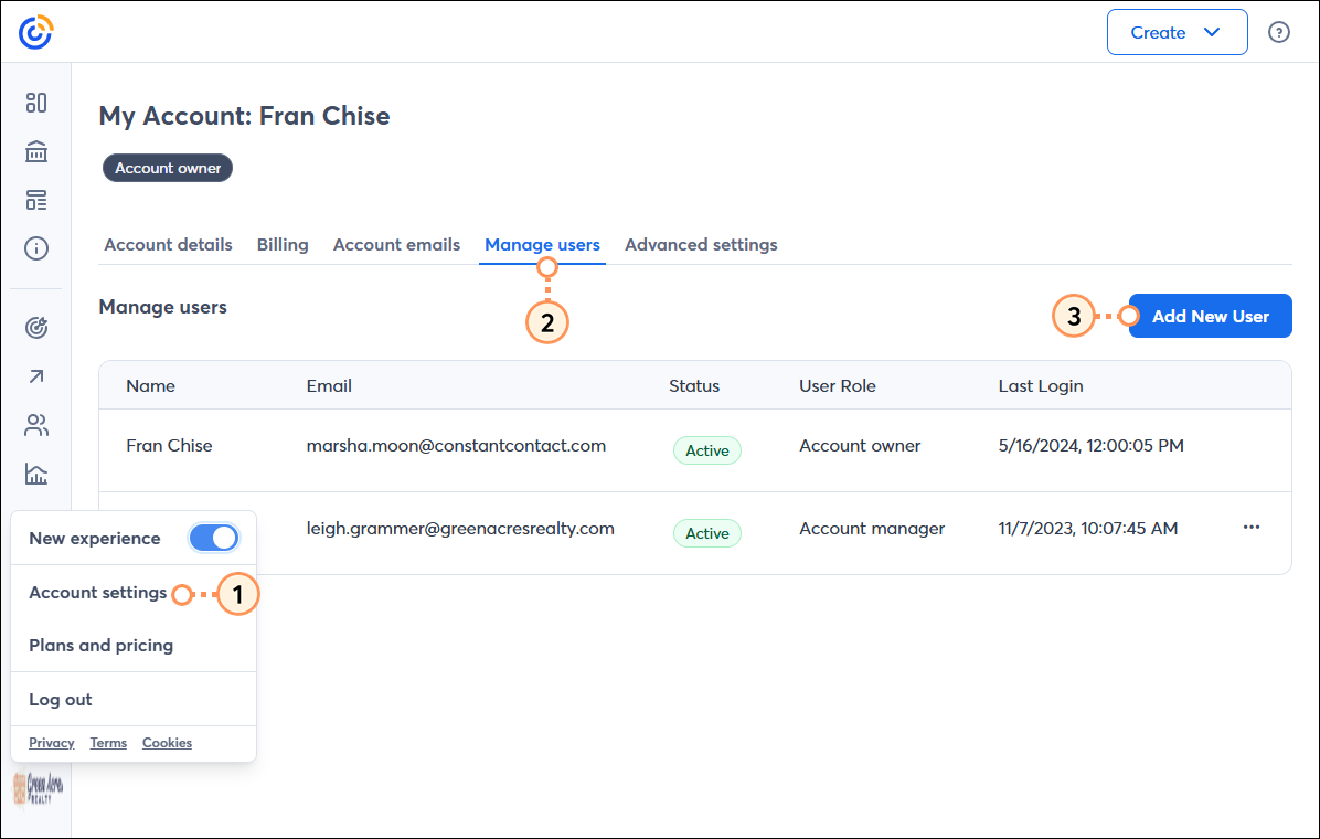 My Account page with Account Owner drop-down menu expanded and My Account option selected, Manage users tab selected, and  Add New User button