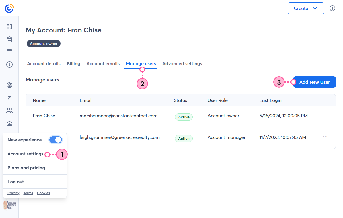 My Account with Manager users tab selected, Account Owner drop-down menu expanded and Account settings option selected, and Add New User button