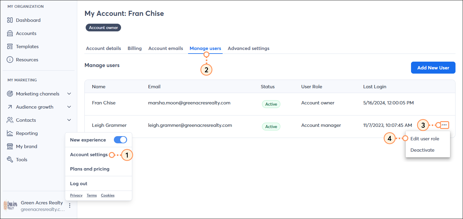 My Account page with Account Owner drop-down menu expanded and My Account option selected, Manage users table with Active user drop-down menu expanded