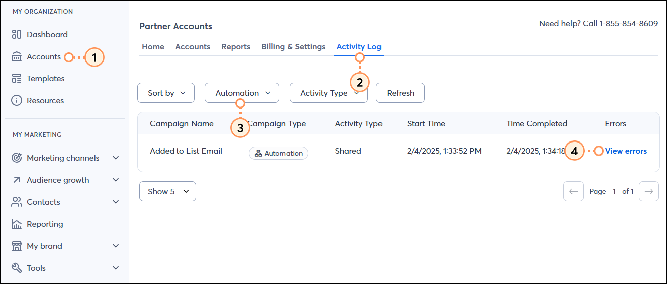 Accounts tab, Activity Log tab selected, Campaign type drop-down menu with Automation option selected, and Campaign table with Veiw errors link