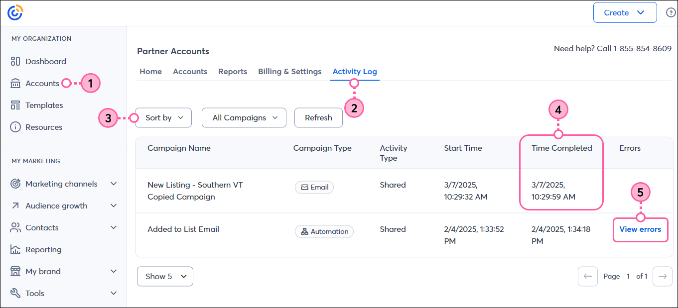 Accounts tab selected, Copy Campaigns sub-tab selected, Campaigns table with Start Time, Complete Time, and Errors