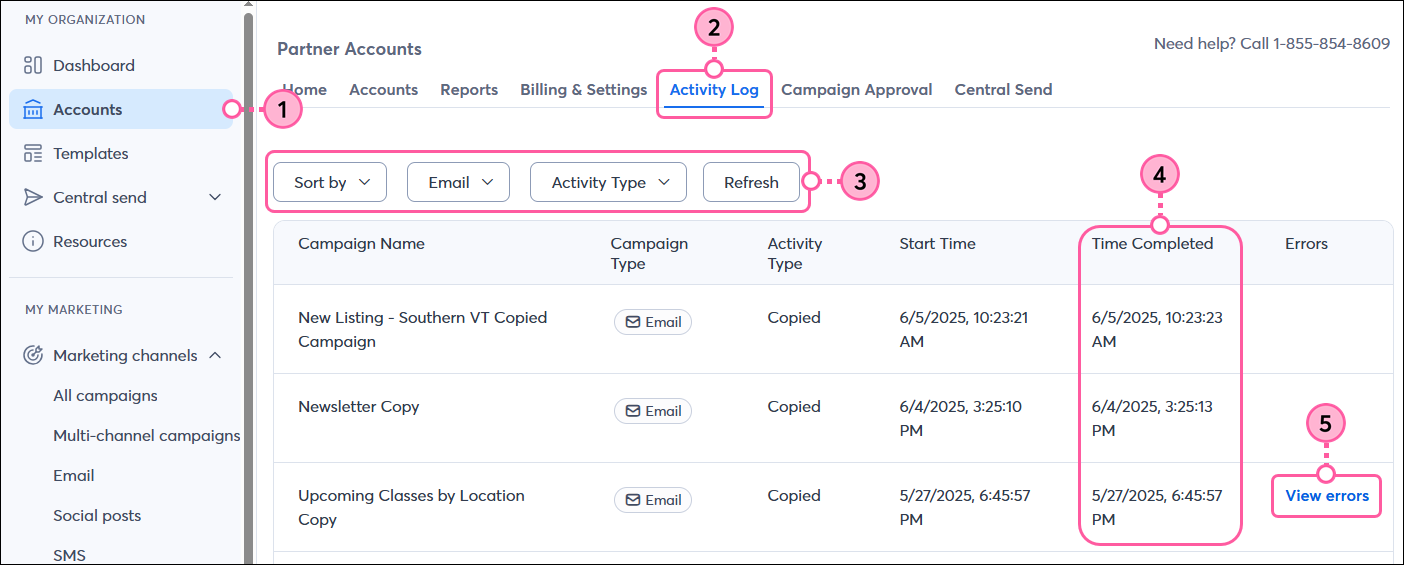 Accounts tab selected, Copy Campaigns sub-tab selected, Campaigns table with Start Time, Complete Time, and Errors