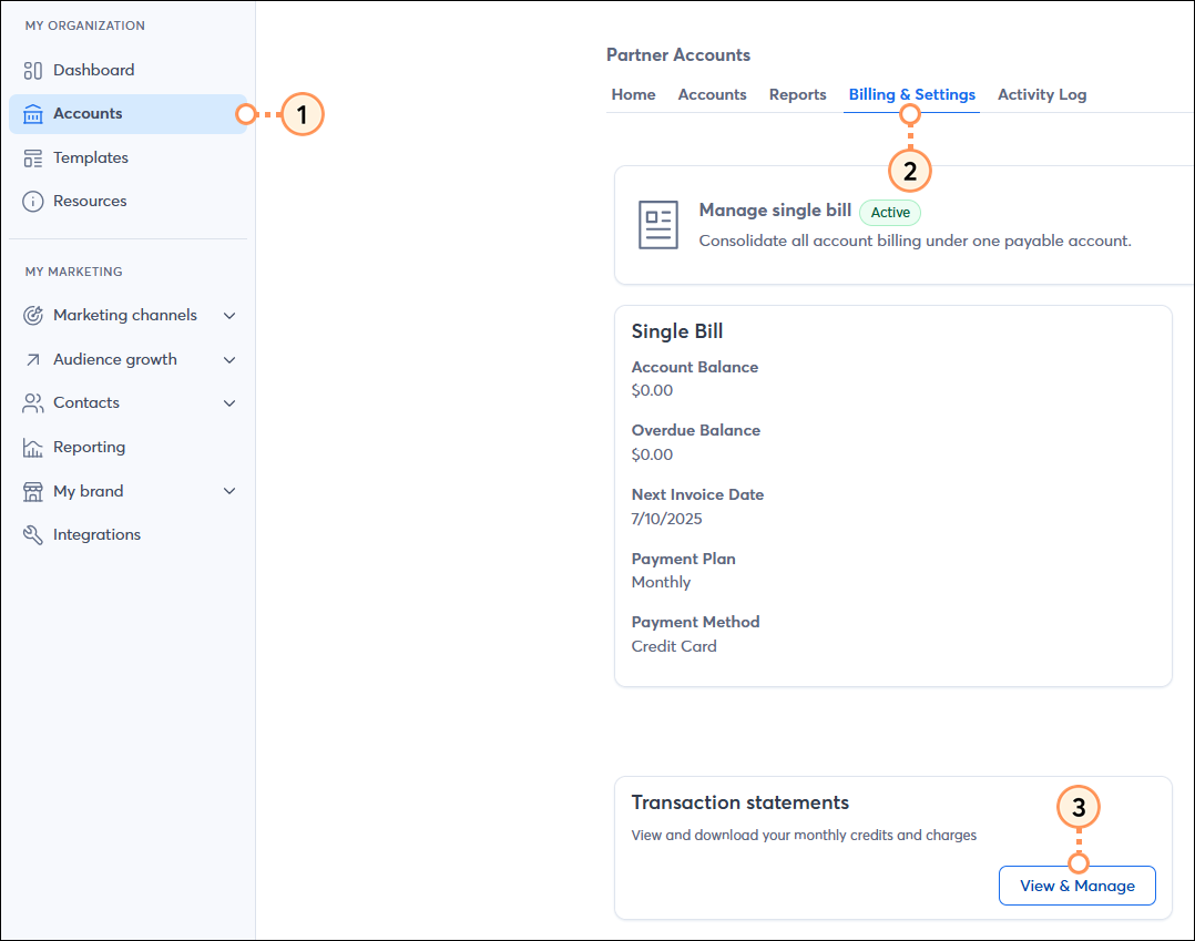 Accounts Tab Billing and Settings tab View and manage button
