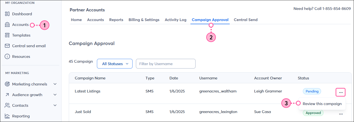Accounts tab Campaign Approval Subtab Review this campaign from dropdown