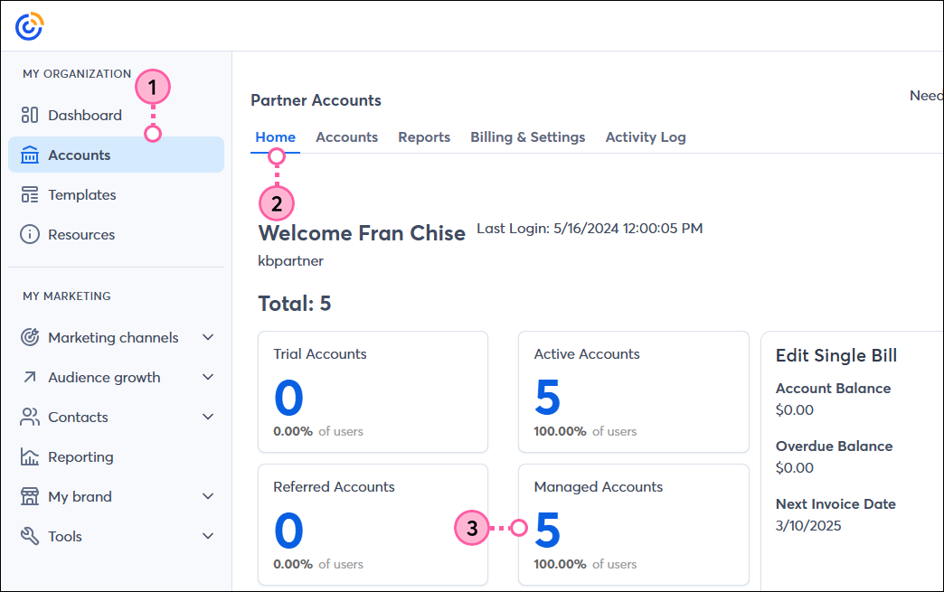 Accounts tab with Home tab selected, and Managed Accounts tile