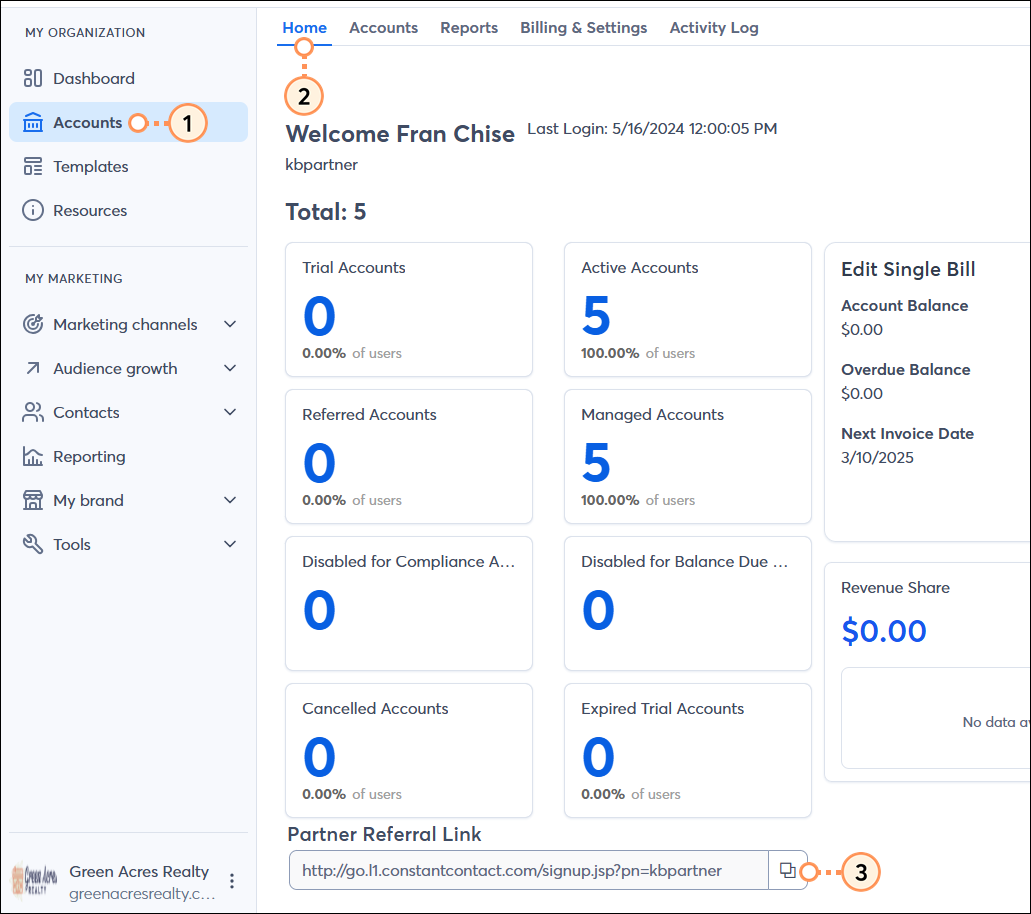 Accounts tab selected, Home sub-tab selected, and Partner Referral Link field