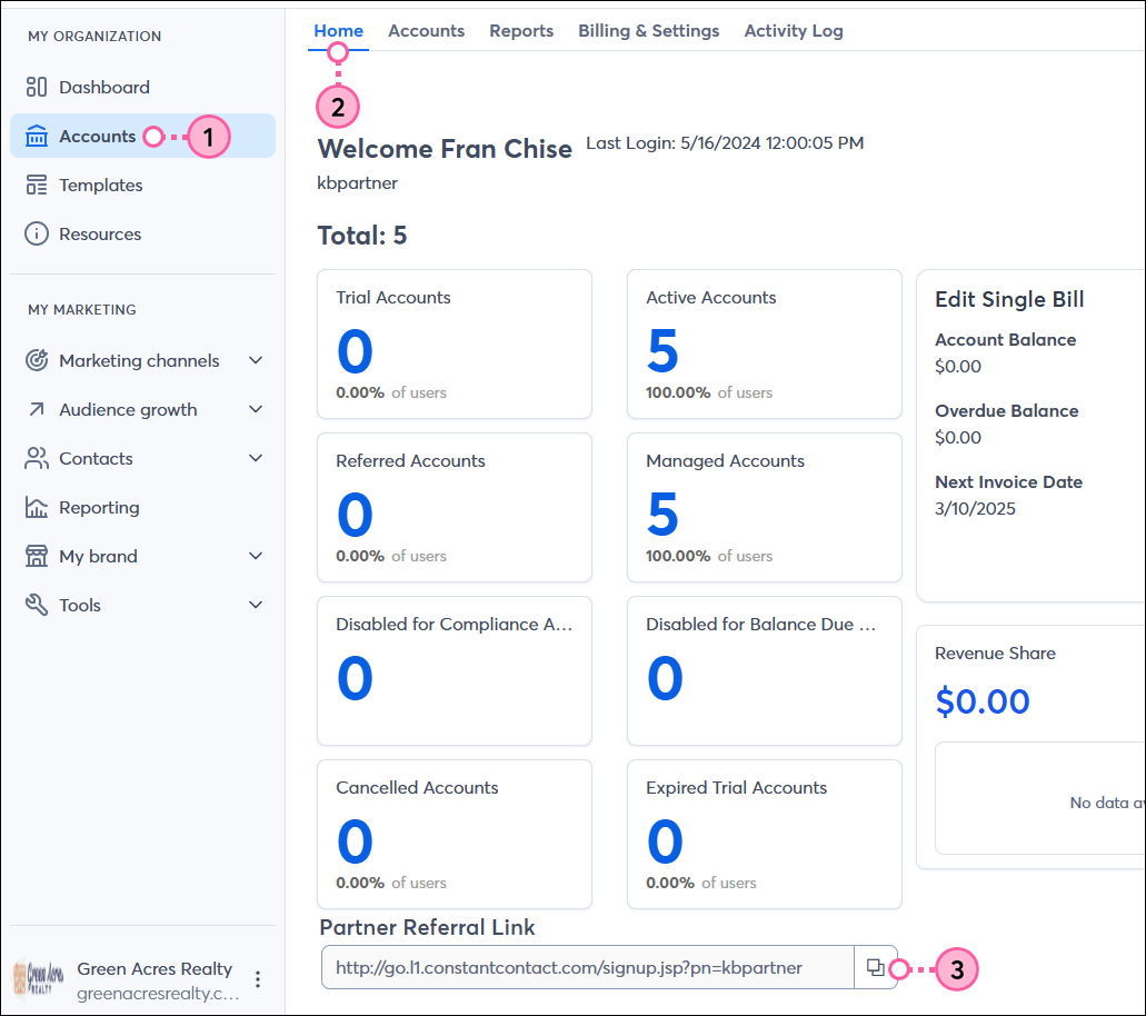 Accounts tab with Home tab selected, and Partner Referral Link field