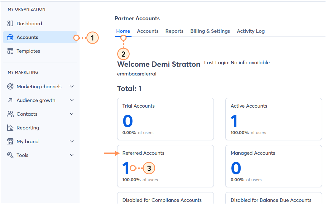 Accounts tab, Home sub-tab selected, and Referred Accounts section with hyperlinked account total