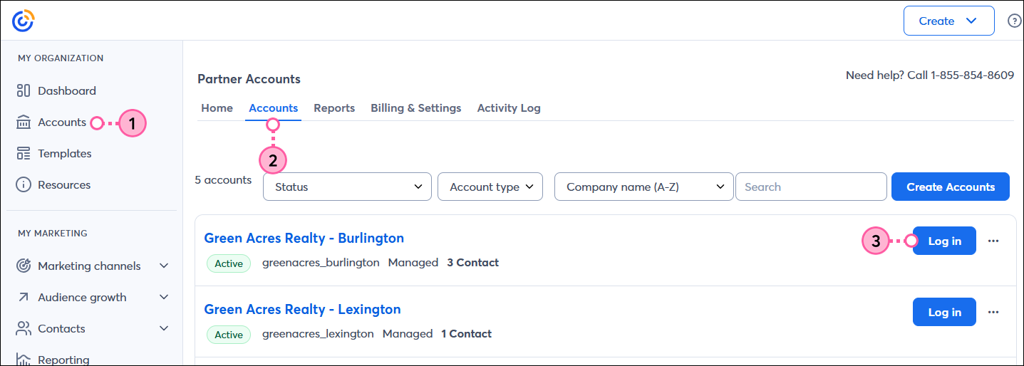 Accounts tab with Accounts sub-tab selected, active accounts list and Log in button