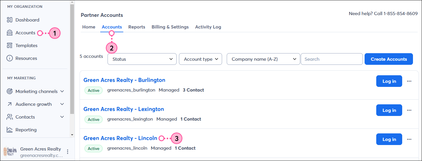 Accounts tab, Accounts tab selected, child account list and child account name link