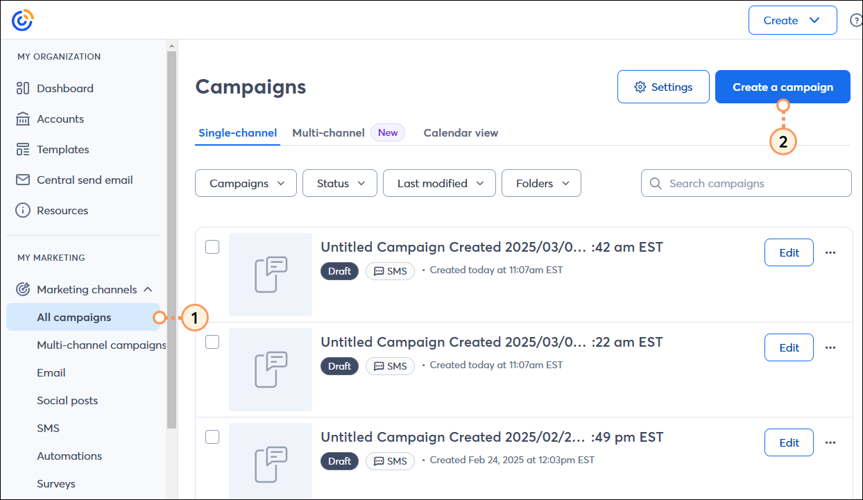 Marketing campaigns drop-down menu expanded and All campaigns option selected, and Create button