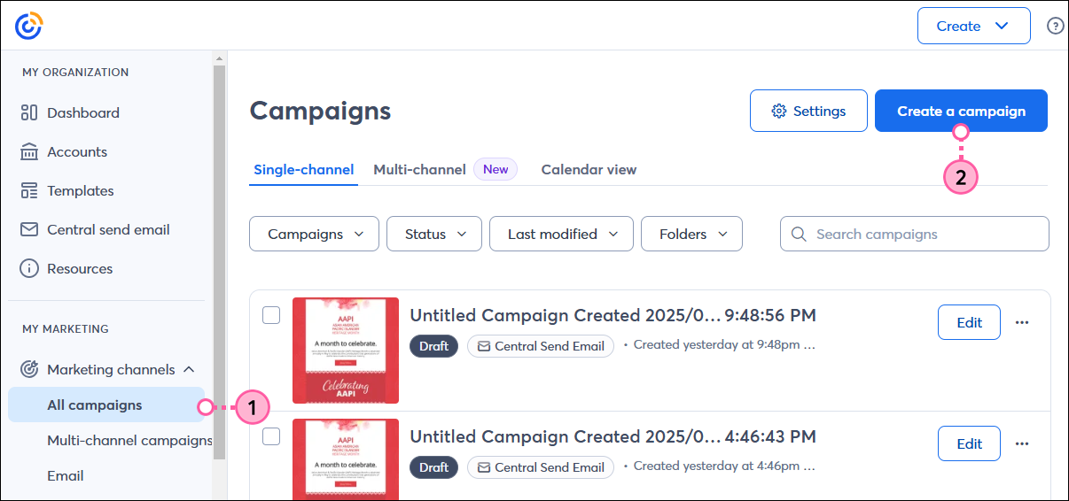 Marketing campaigns drop-down menu with All campaigns option selected, All campaigns page and Create button