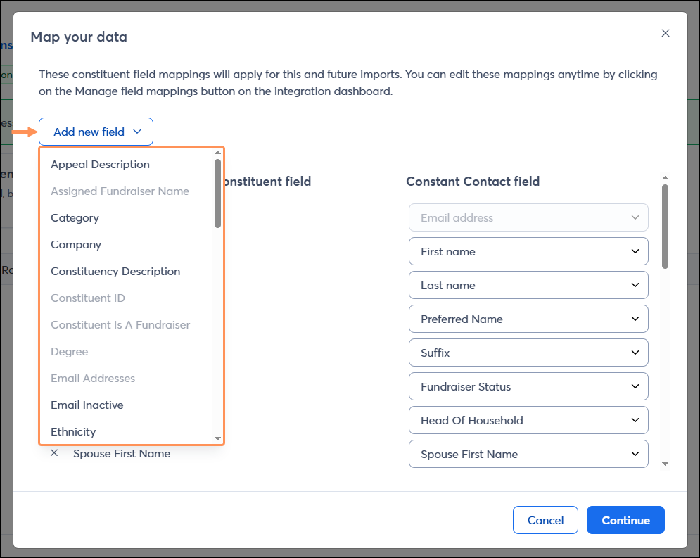 Add new field dropdown